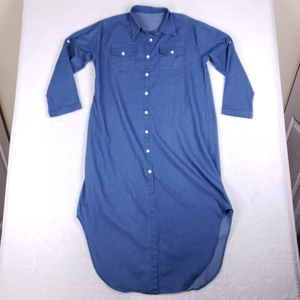 Blue Chambray Button Down Shirt Dress High Low Hem Long Sleeve Size 15 - Picture 1 of 7